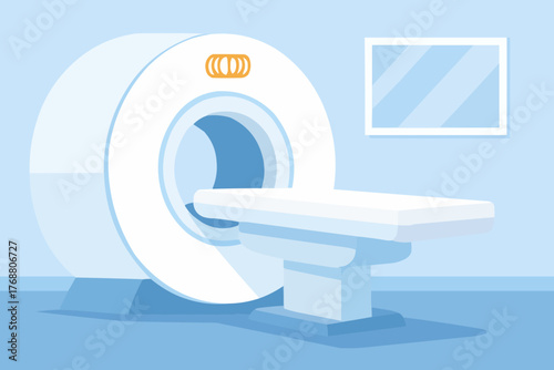 Flat vector of MRI machine with magnetic coil and patient table in hospital room