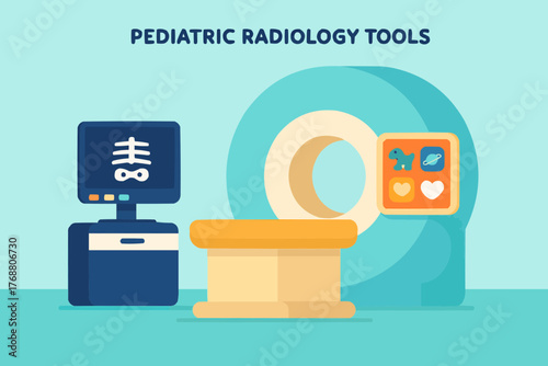 Flat vector of pediatric radiology tools with child-sized scanner and colorful interface