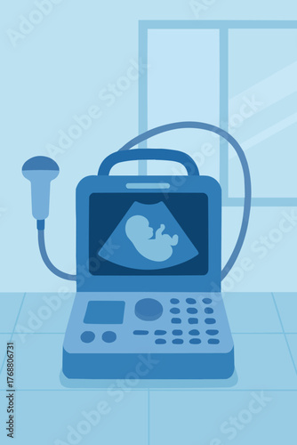 Flat vector of portable ultrasound device with probe and monitor in clinic setting