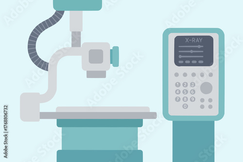 Flat vector of a digital X-ray machine with control panel and patient bed in hospital
