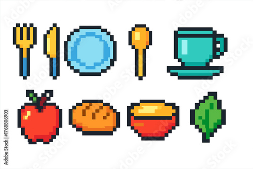 Food and drink, pixel icon set. cooking, dining, beverage, pixel art icons collection