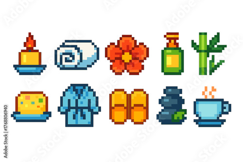 Spa and wellness pixel art icon set. relaxation, zen, nature, health, beauty icons