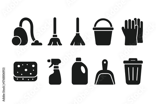 Cleaning tools solid icon set: vacuum, broom, mop, and more in silhouette style