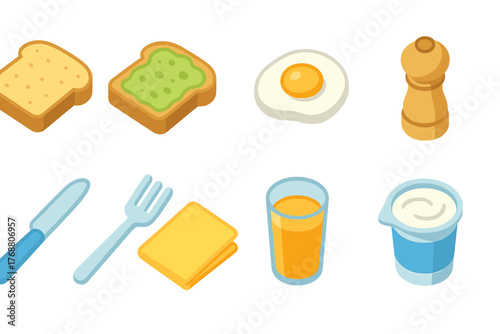Breakfast foods flat icon set. toast, eggs, utensils, breakfast items collection