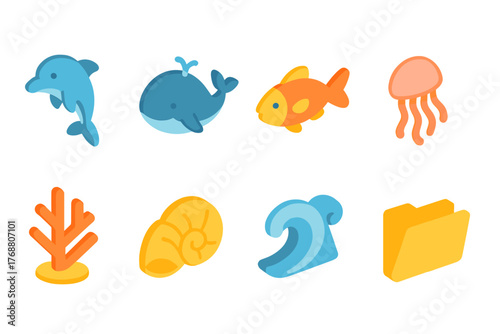 Underwater, marine creatures icon set. sea life elements flat collection