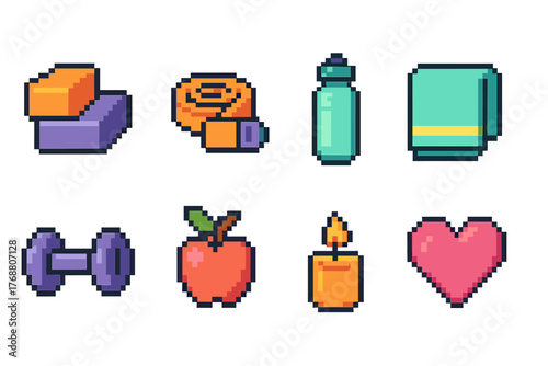 Fitness and wellness pixel icon set. workout, health, lifestyle, and exercise graphics.