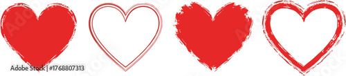 Set of four red grunge hearts with distressed brush stroke texture. Hand-drawn love symbols for Valentine's Day design