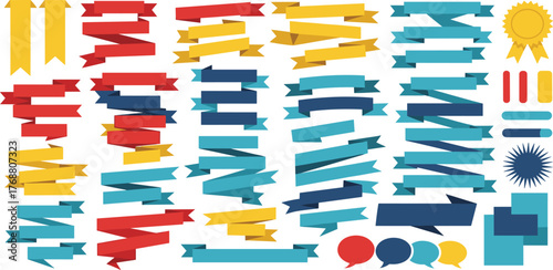 A comprehensive collection of colorful flat style ribbon banners, labels, and graphic elements for web design and promotional materials