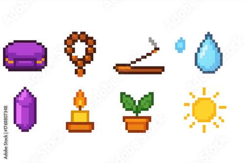 Meditation and wellness pixel art icon set. mindfulness, relaxation, zen pixel collection