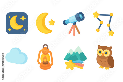 Night sky flat icon set. astronomy, stargazing, celestial symbols for digital projects