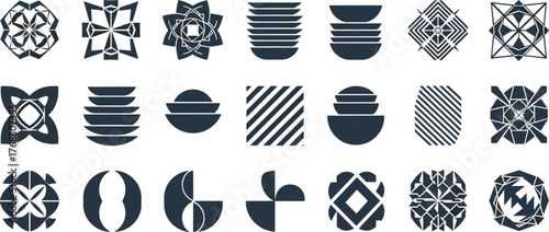 Collection of unique abstract geometric symbols and icons. A minimalist set of black shapes for creating modern logos, patterns, and branding elements