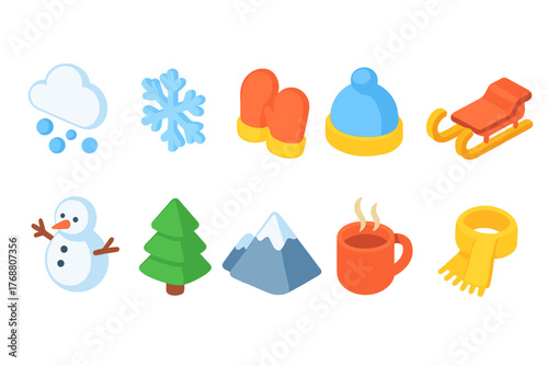 Winter activities icon set. snow, sport, holidays, fun, hats, mittens 3d collection
