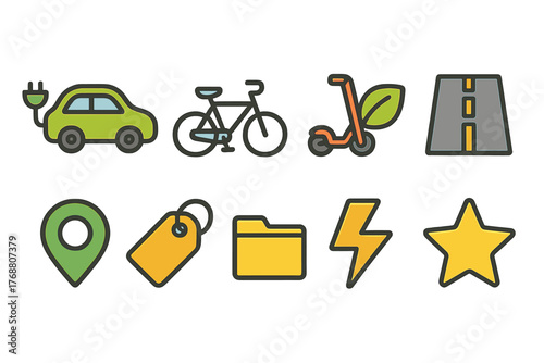 Eco-friendly, transportation flat icon set. electric, sustainable mobility icons collection