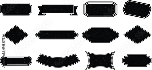 A versatile collection of twelve black geometric shapes with textured borders, ideal for creating vintage labels, banners, and decorative insignia