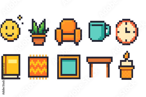 Home and office flat icon set. cozy decor, furniture, essentials flat collection.