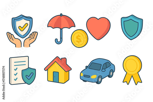 Insurance protection line icon set: safety, assurance, finance, and security symbols