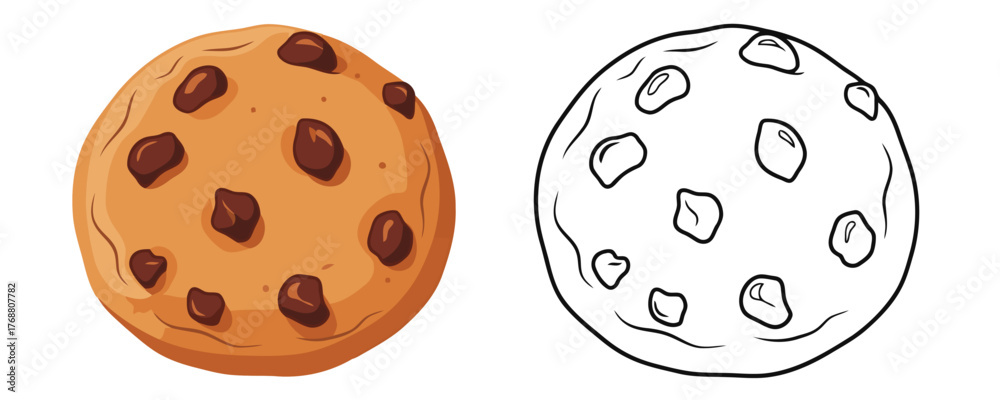 Fototapeta premium Delicious colorful and outline cartoon style chocolate chip cookie, perfect for kids coloring books activity and sweet food projects