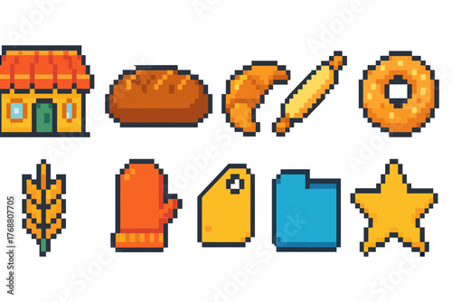 Bakery, cooking pixel icon set. bread, pastry, kitchen tools icons collection
