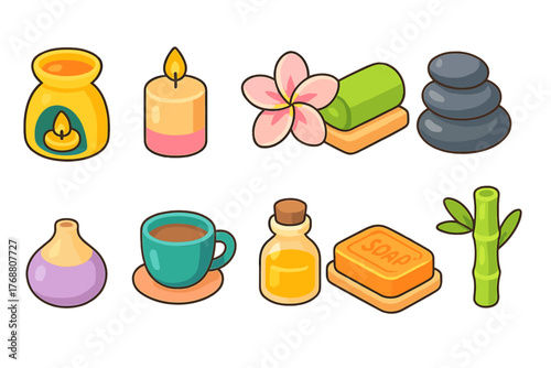 Spa and relaxation icon set. flat icons for wellness, aromatherapy, spa essentials