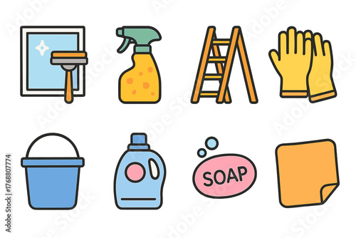Cleaning and maintenance outline icon set. tools, equipment, hygiene symbols collection