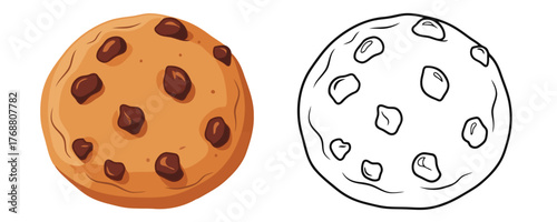 Delicious colorful and outline cartoon style chocolate chip cookie, perfect for kids coloring books activity and sweet food projects