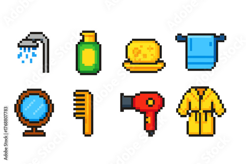 Bathroom essentials pixel icon set. 8-bit style for toiletries and more.