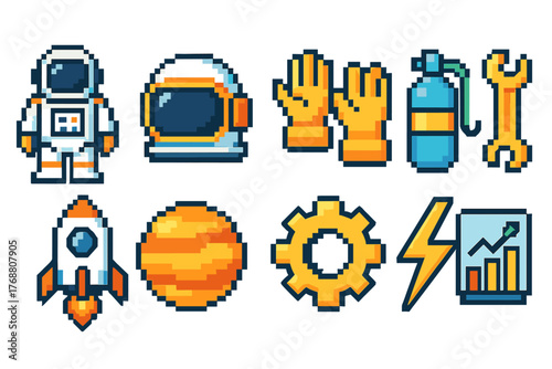Pixel art space icon set. astronaut, rocket, planet, gear icons in pixel style