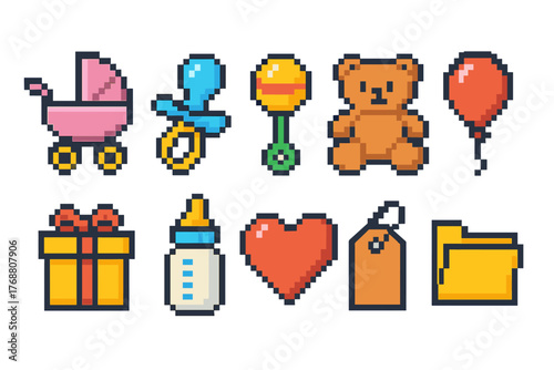 Baby essentials pixel icon set. cute, colorful pixel art for baby-themed graphics