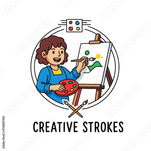 A cartoon depicts a person painting, enclosed by a circle, with brushes and a paint palette