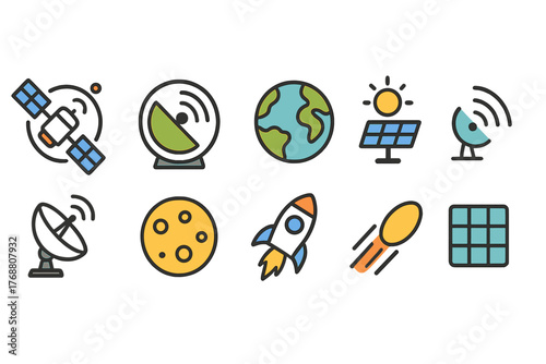 Space and satellite flat icon set. communication, technology, exploration icons