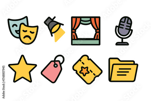 Theater and arts flat icon set: stage, performance, and entertainment icons collection