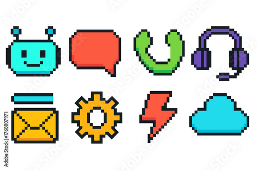 Pixel technology flat icon set. digital, communication, gadget icons flat collection