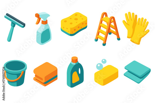 Household cleaning flat icon set featuring tools and supplies for daily chores