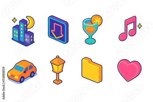 City and nightlife 3d icon set: urban, music and cocktail icons collection