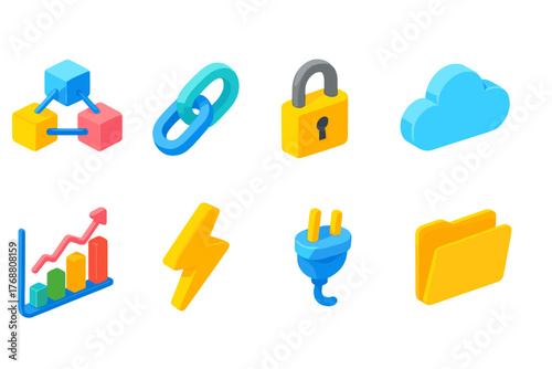 Business and technology 3d icon set. networking, security, finance icons collection.