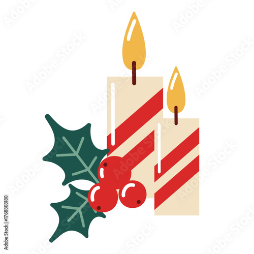 Festive flat style Christmas composition with two striped candles, holly leaves and red berries. Vector isolated illustration