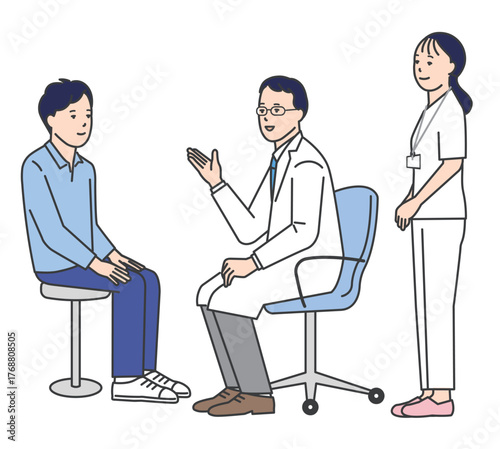 患者を診察する医者と看護師のシンプルイラスト素材