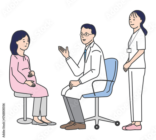 患者を診察する医者と看護師のシンプルイラスト素材