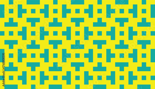 A seamless geometric pattern with teal shapes on a bright yellow background. The abstract and minimal design creates a cheerful and modern visual