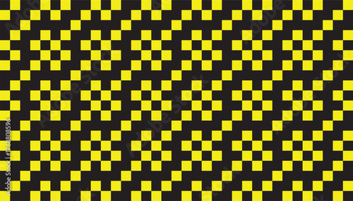A seamless geometric pattern featuring yellow pixel-like squares arranged in diagonal formations on a black background. The design creates a rhythmic, optical illusion effect reminiscent of digital 