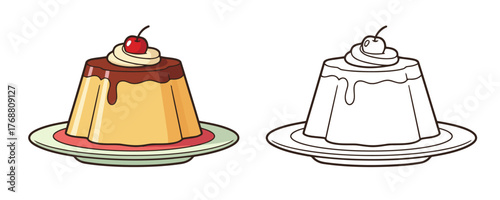 Delicious colorful and outline cartoon style caramel custard pudding with chocolate topping, cream and cherry, great for kids sweet food activity