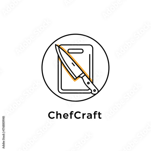 Stylized, minimalist logo featuring a knife angled over a cutting board, enclosed in a circle