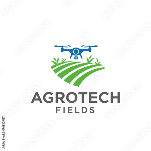 A logo shows a drone hovering above a field, with text below. Colors blue, green, and gray