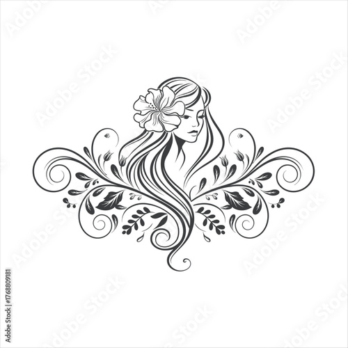 Elegant floral woman line art illustration with decorative hair and flower ornament – feminine beauty vector design