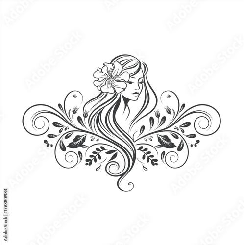 Elegant floral woman illustration with decorative hair and flower ornament – feminine beauty line art design