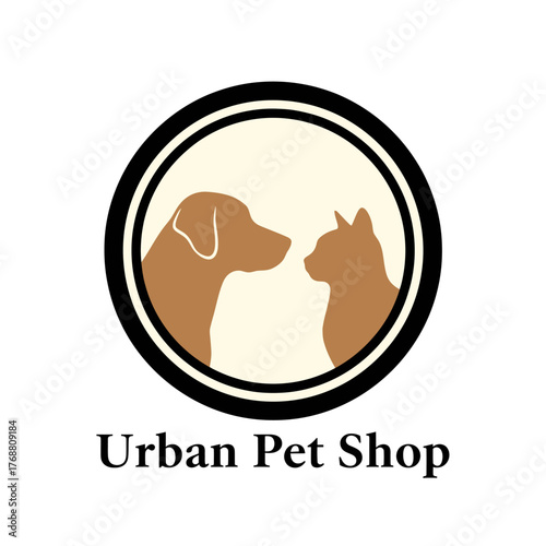A circular logo featuring silhouettes of a dog and cat with text beneath, all against a white background