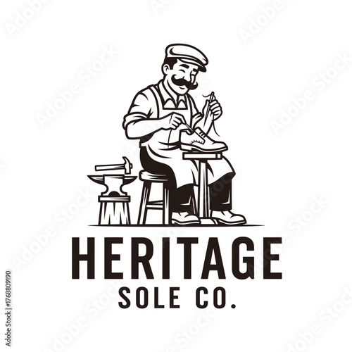 A cobbler, with a mustache, sits and repairs a shoe on a stool, next to an anvil and hammer