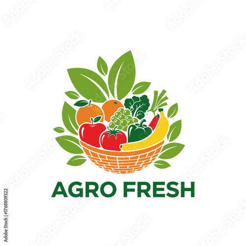Colorful logo featuring a basket brimming with various fruits and vegetables surrounded by leaves