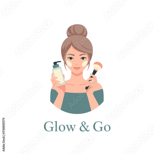 Stylized illustration of a woman holding a pump bottle and brush, with skincare patches on her face