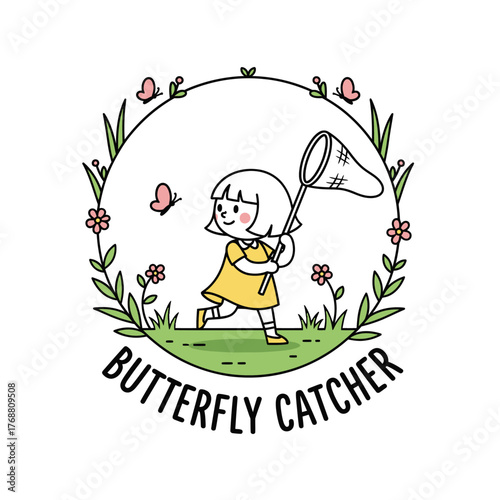 Charming cartoon illustration of a girl in a yellow dress chasing butterflies with a net in a floral wreath